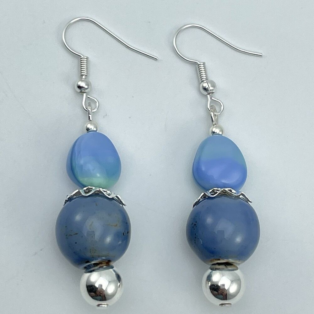 Artisan Blue Ceramic Glass Beaded Dangle Earrings Silver Tone Boho Unique Cute